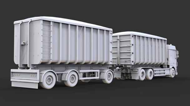 Велика біла вантажівка з окремим причепом для транспортування сільськогосподарських та будівельних сипучих матеріалів та продукції. 3D візуалізація
 - Фото, зображення