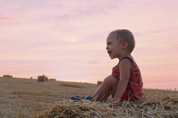 Портрет мальчика в летней шляпе, сидящего на стоге сена в поле пшеницы. Красивый закат
 - Фото, изображение