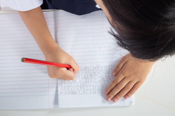 Children in uniform doing homework in isolated white background - Photo, image