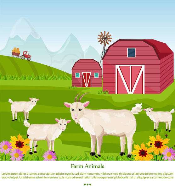 Goats at the farm Vector. Red village house. green summer backgrounds - Vector, Image