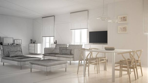 Projet inachevé de salon moderne contemporain espace ouvert avec table à manger et bureau d'angle, lieu de travail à domicile avec ordinateurs, design intérieur blanc nordique minimal
 - Photo, image