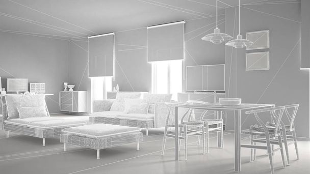 Abstraktní architektura interiér design, moderní obývací pokoj, drátový model highpoly konstrukci, bílé pozadí - Fotografie, Obrázek