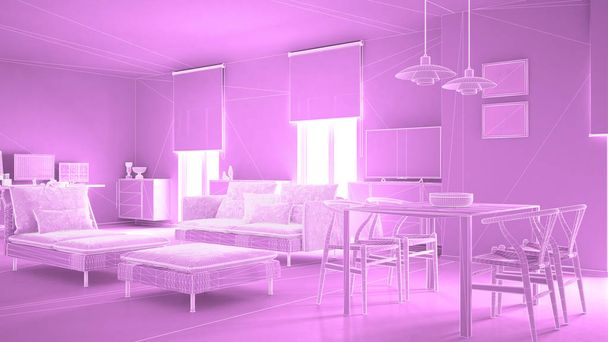 Abstract architecture interior design, modern living room, wireframe highpoly mesh construction, violet background - Photo, Image