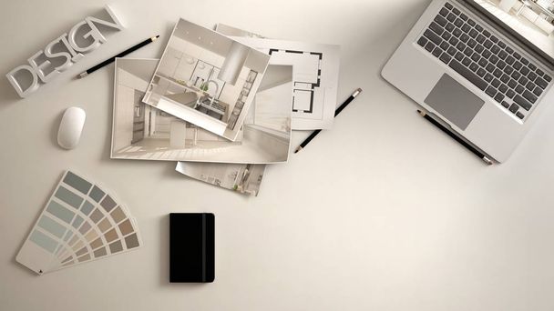 Architect design concept, wit bureau met computer, papier ontwerp, keuken project beelden en blauwdruk. Voorbeeld kleurenpalet, creatieve achtergrond idee met kopieerruimte - Foto, afbeelding