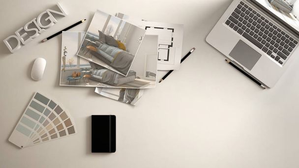 Architektonisches Designerkonzept, weißer Schreibtisch mit Computer, Papierentwurf, Schlafzimmer-Projektbilder und Blaupause. Farbbeispielpalette, kreative Hintergrundidee mit Kopierraum - Foto, Bild