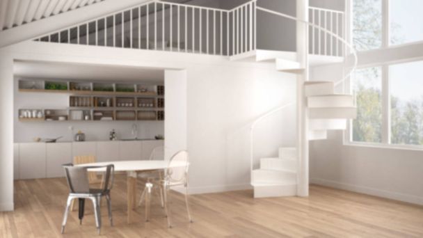 Размытый фон, минималистская белая кухня с антресолью и современной спиральной лестницей, лофт со спальней, концепция интерьера фон, идея архитектора дизайнера
 - Фото, изображение