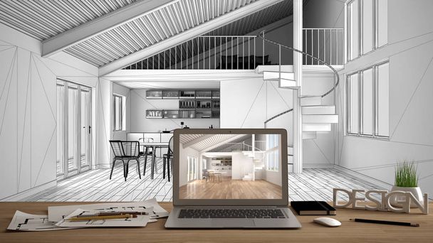 Концепція дизайнерської стільниці, ноутбук на дерев'яному столі з екраном, що показує дизайн інтер'єру, проект CAD на задньому плані, білий відкритий простір з кухнею та ідеєю мезоніну
 - Фото, зображення