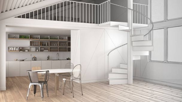 Niedokończony projekt minimalistycznej kuchni biały z antresolą i nowoczesne schody, wyciągnięcie po profilach z sypialni, koncepcja wnętrz tło, pomysł projektanta architekta - Zdjęcie, obraz