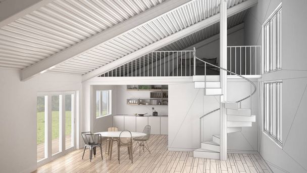 Незавершенный проект минималистской белой кухни с мезонином и современной винтовой лестницей, лофт со спальней, концептуальный дизайн фона, архитектурная идея дизайнера
 - Фото, изображение