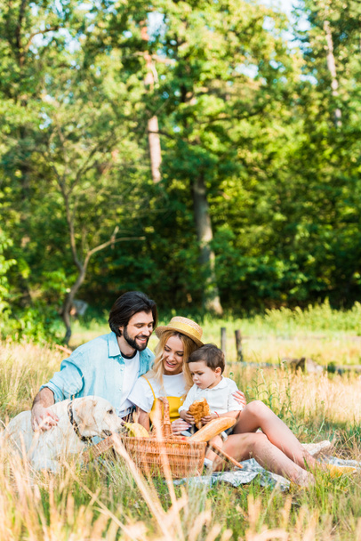 padres e hijo sentados en una manta en el picnic y abrazando al perro
 - Foto, imagen