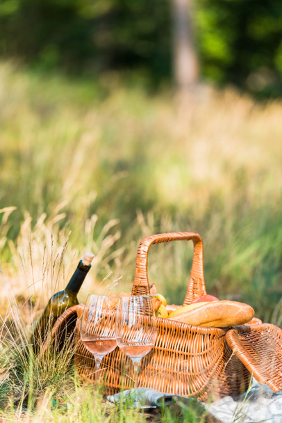 Weinflasche, Gläser und Korb mit Broten auf Gras beim Picknick - Foto, Bild