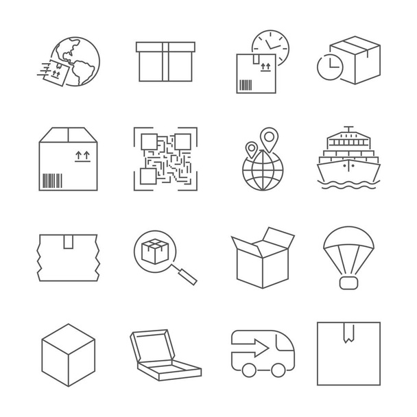 Delivery. Set of outline vector icons. Includes such as Loading, Express Delivery, Tracking Search, Cargo Ship and other. Editable Stroke - Vecteur, image