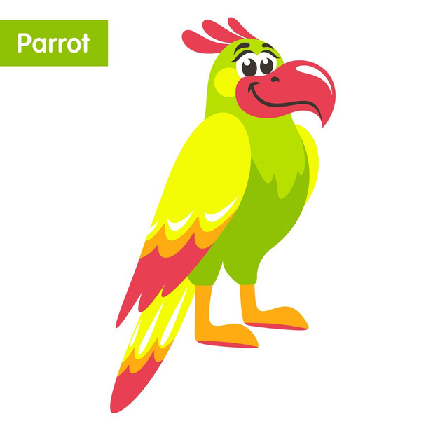 Зеленый попугай с жёлтыми крыльями и розовым клювом. Карикатура красочный характер для детей. Плоский стиль. Векторная иллюстрация
. - Вектор,изображение