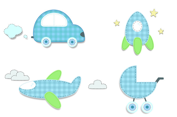 Vector set of cute baby boy elements for scrapbooking or baby shower greeting card and childs design. Cut out fabric or paper chequered blue stickers as car, rocket, buggy, airplane isolated on white. - Vector, Image