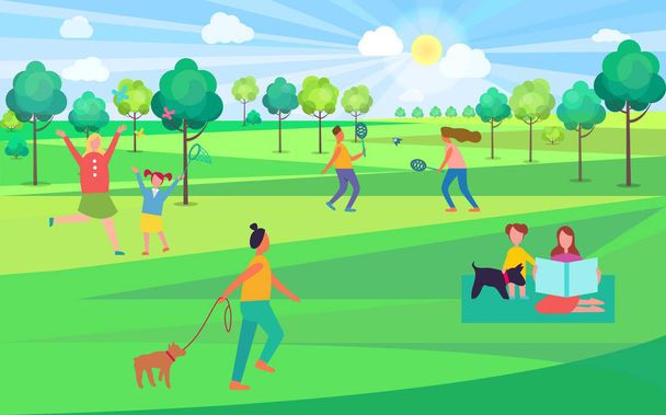 People spending leisure time in park vector illustration. Moms and kids playing badminton, catching butterflies, sitting on blanket and walking dogs - Vettoriali, immagini