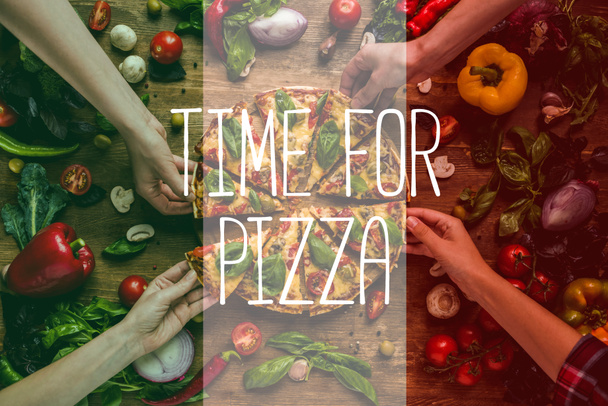自家製ピザのスライスを取って友人の部分的なビュー ピザ碑文の時間 - 写真・画像