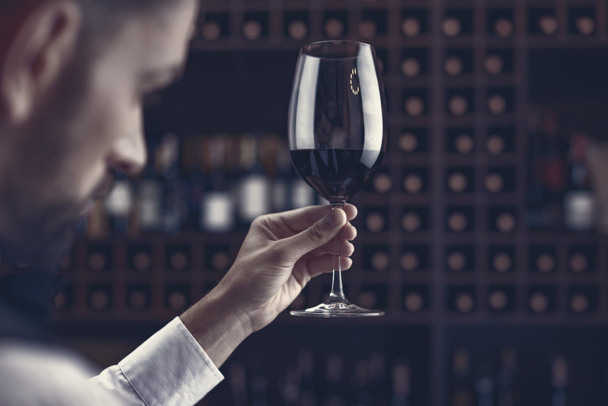 close-up shot of young sommelier tasting red wine in cellar - Photo, Image