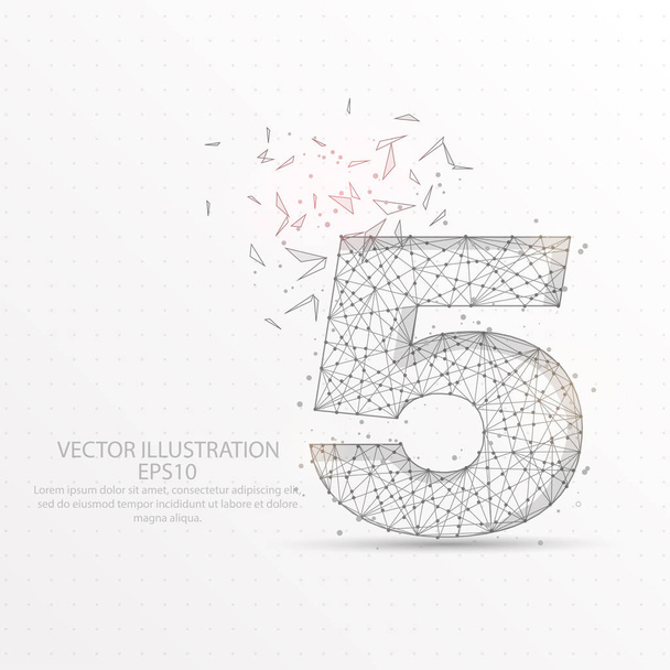 Number five point, abstract mash line and composition digitally drawn in the form of broken a part triangle shape and scattered dots low poly wire frame on white background. - Vector, imagen