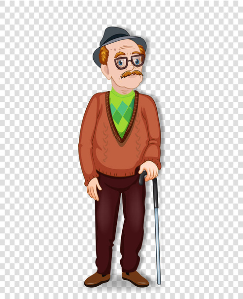 Vektor rajzfilm illusztrációja egy öreg karakter. Egy idős teljes hossza férfi szemüveg és gyalogos cukornád kalapot visel elszigetelt átlátszó háttér. Nagypapa állandó egyedül. - Vektor, kép