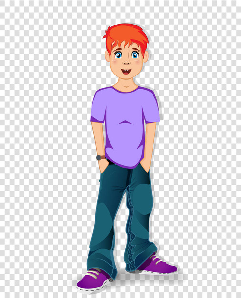 Векторная иллюстрация милого мультяшного персонажа подростка с рыжими волосами на прозрачном фоне. Крутой подросток в синих джинсах держит руки в карманах
. - Вектор,изображение