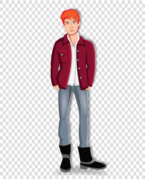 透明な背景に分離されたジーンズのポケットに手を維持するカジュアルな服を着てハンサムな若い赤毛の男のベクター イラストです。愛らしい全長学生少年クリップ アート文字 - ベクター画像