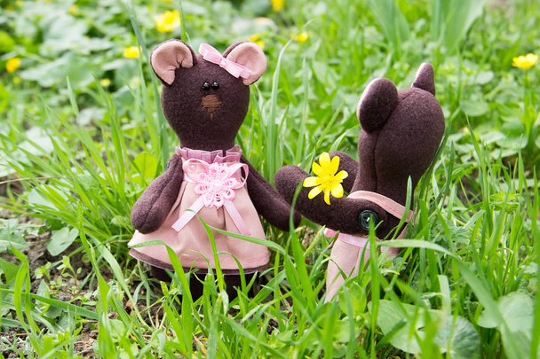 Urso de pelúcia dá flores ursinho menina em um jardim
. - Foto, Imagem