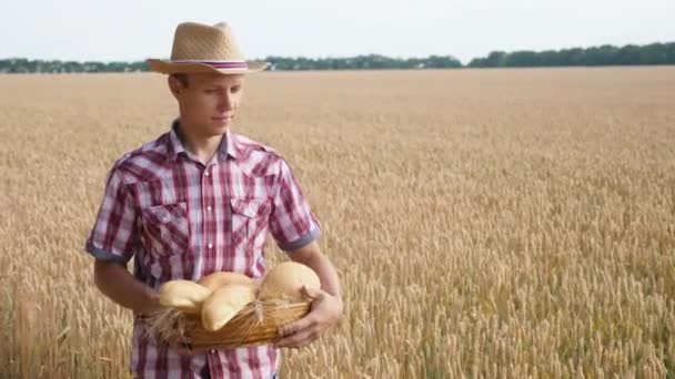 Rolnik spacery po polu pszenicy i niesie kosz chleba - Materiał filmowy, wideo