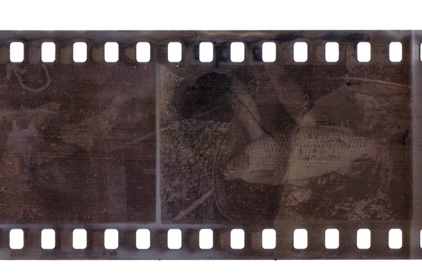 Tira de película vieja con polvo y arañazos aislados en blanco
 - Foto, imagen