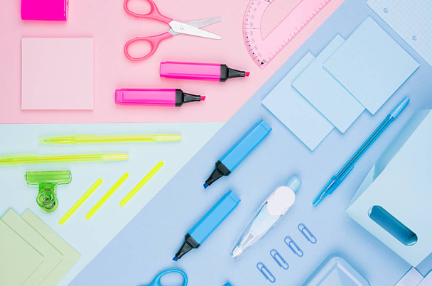 Fashion stylish workplace -  neon blue, pink, mint office stationery collection on pastel background, top view. - Foto, Imagem