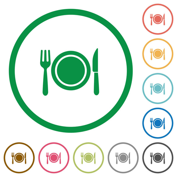 Cena a colori piatti icone in contorni rotondi su sfondo bianco
 - Vettoriali, immagini