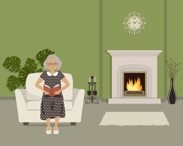 Elderly woman sitting in an armchair and reading a book. There is a fireplace in the green living room. The room also has a vase with decorative branches, wall clock and big flower. Vector image - Vector, Image