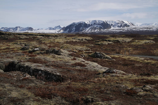 Thingvellir Nationaal Park in IJsland. ingvellir of Thingvellir Nationaalpark in IJsland, is een site van historische, culturele en geologische betekenis. De Silfra kloof tussen de Noord-Amerikaanse en Euraziatische continentale platen hier gevestigd. - Foto, afbeelding