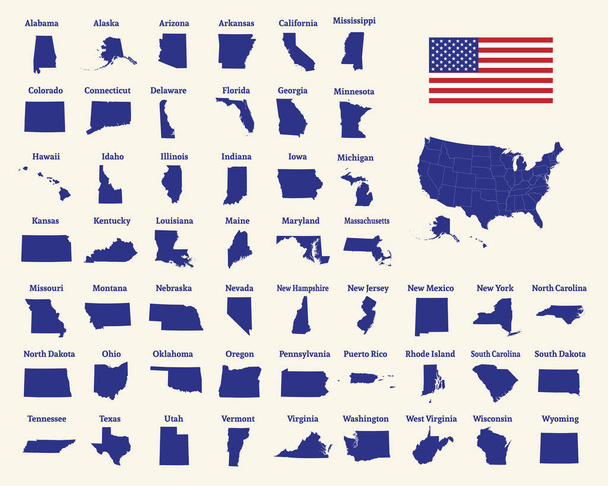 Περίγραμμα της των Ηνωμένων Πολιτειών της Αμερικής. 50 Πολιτείες των ΗΠΑ. Μας χάρτη με κρατικά σύνορα. Σιλουέτα των ΗΠΑ και της σημαίας. Εικονογράφηση διάνυσμα.  - Διάνυσμα, εικόνα
