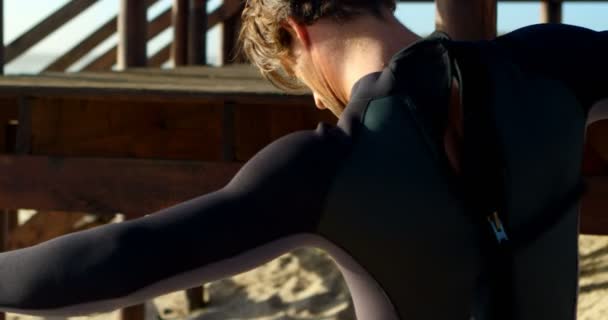 Male surfer wearing wetsuit in the beach on a sunny day 4k - Video, Çekim
