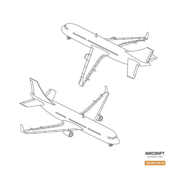 Civil isometric aircraft in outline style. Industrial blueprint of airplane. Front and back view. Plane contour icon for print or infographic - Vector, Image