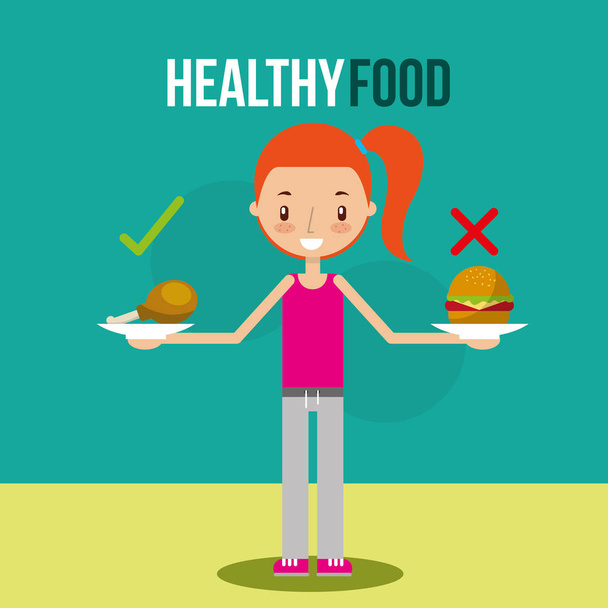 健康でかわいい女の子と unhealhty 食品 - ベクター画像