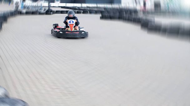 Go kart speed, indoor opposition race. Karting competition or racing cars riding - Photo, Image