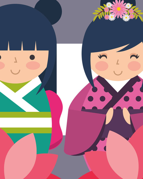 dulce japonés kokeshi muñecas en kimono
 - Vector, Imagen