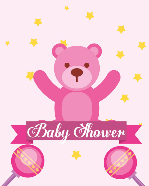 pink toy bear rattles baby shower invitation card - Vector, afbeelding