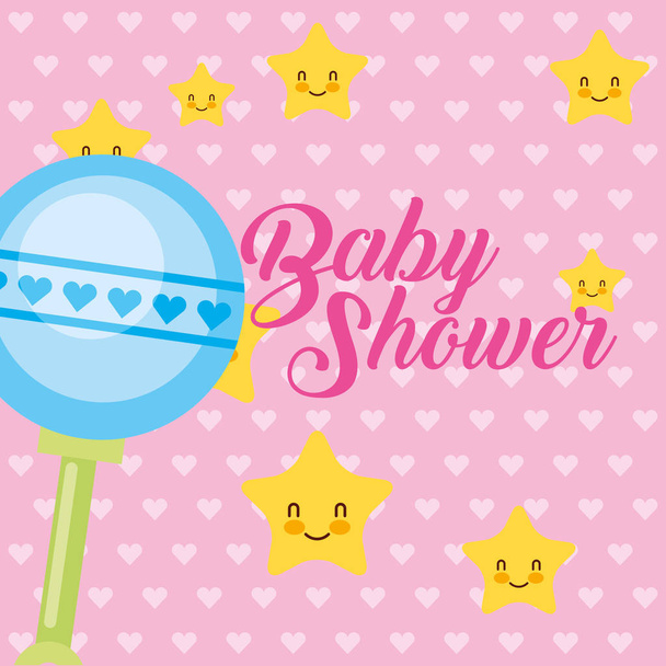 Spielzeug Rassel Sterne Cartoon Baby Dusche Karte - Vektor, Bild