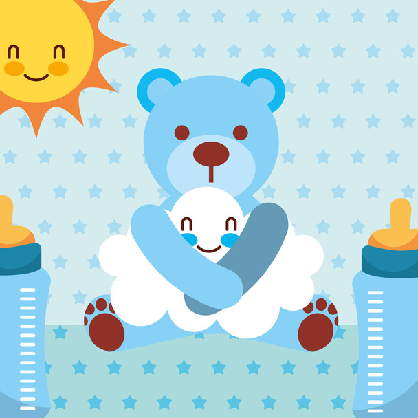 sininen lelu karhu halauksia pilvi sarjakuva pullot pisteviiva tausta
 - Vektori, kuva