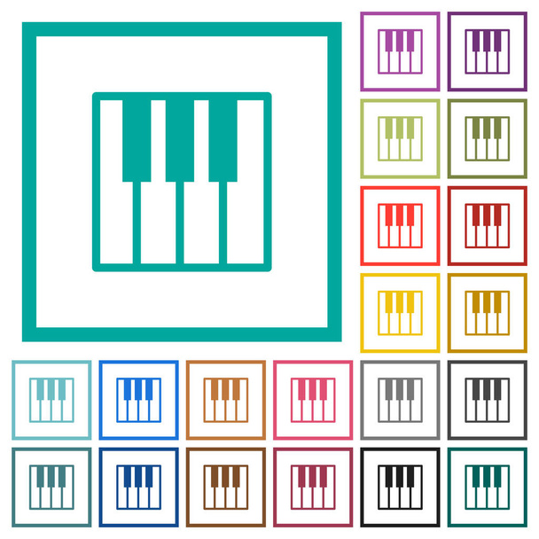 Piano klavier egale kleur pictogrammen met Kwadrant frames op witte achtergrond - Vector, afbeelding