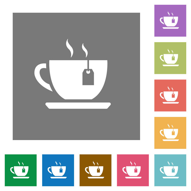 Taza de té con iconos planos de la bolsita de té sobre fondos cuadrados de color simple
 - Vector, Imagen