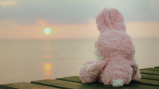 Różowy zabawka zając siedzący na molo, patrząc na wschodzące słońce - Zdjęcie, obraz