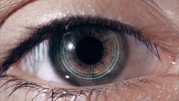 Lente tecnológica en el ojo. El concepto de tecnologías futuras. Ojo femenino con lente futurista, macro
 - Metraje, vídeo