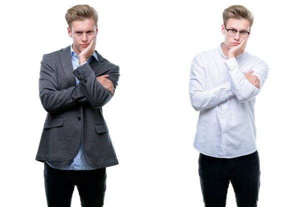 Young handsome blond business man wearing different outfits thinking looking tired and bored with depression problems with crossed arms. - Photo, image
