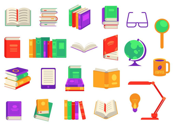 Διάνυσμα σωρό επίπεδη βιβλία, αναλώσιμα και είδη γραφείου σετ - Διάνυσμα, εικόνα