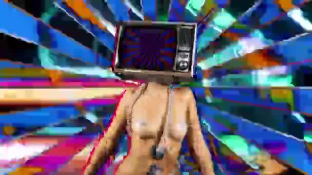 nackte Frau tanzt mit dem Fernseher als Kopf auf abstraktem, buntem Hintergrund - Filmmaterial, Video