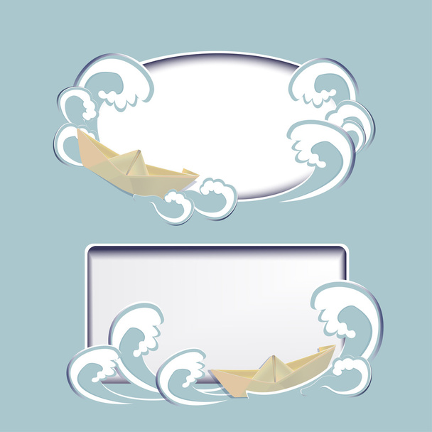 Deux cadres vectoriels avec bateau en papier et en vagues
 - Vecteur, image