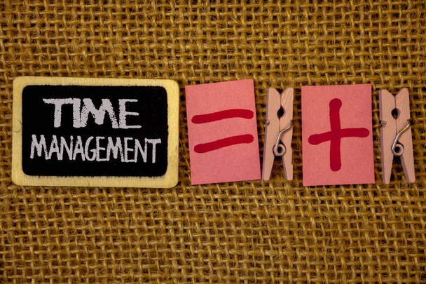 Writing note showing  Time Management. Business photo showcasing Schedule Planned for Job Efficiency Meeting Deadlines Ideas on blackboard chalk letters equal plus signs cloth pins wicker - Photo, Image